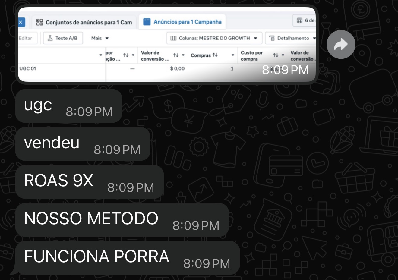 Mensagem comemorando ROAS 9x com criativo UGC